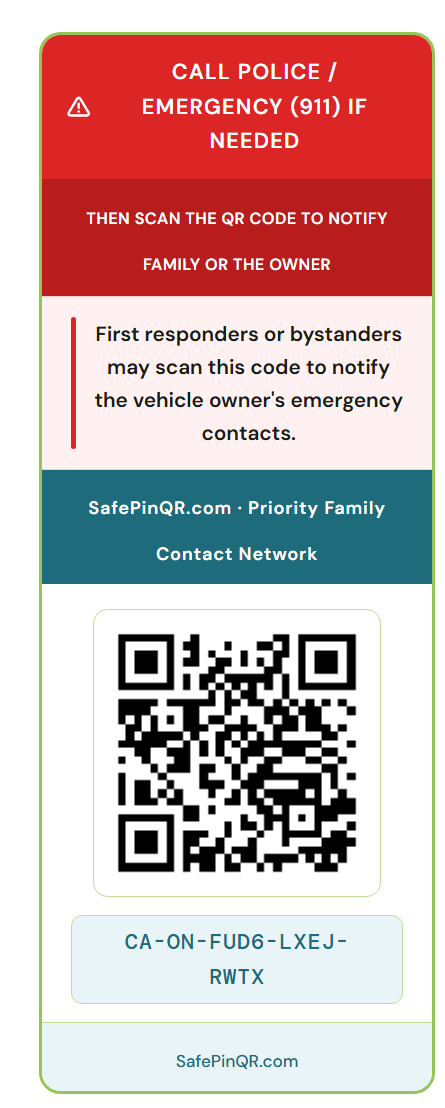 SafePinQR vehicle emergency QR code sticker sample